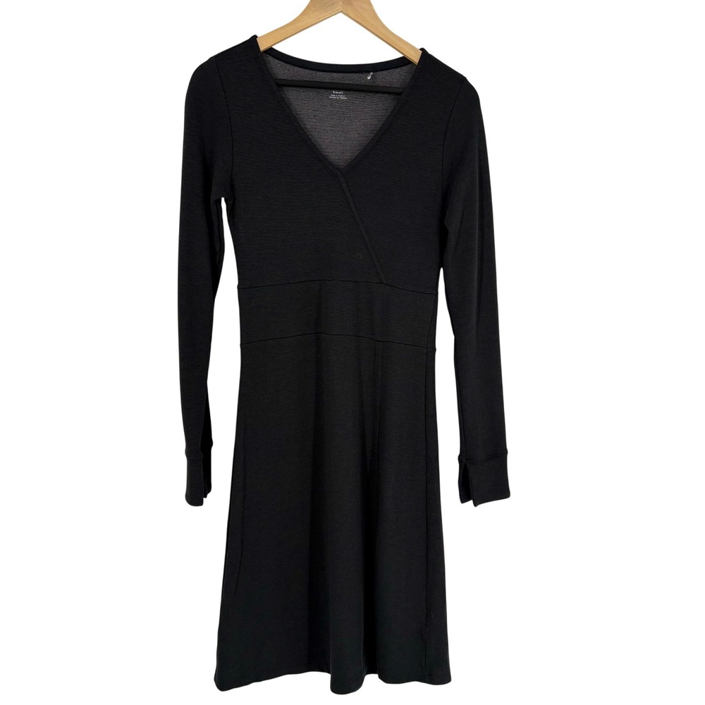 Toad&Co Womens Faux‎ Wrap Midi Dress Black Stretch Micro Stripe Outdoor Pocket